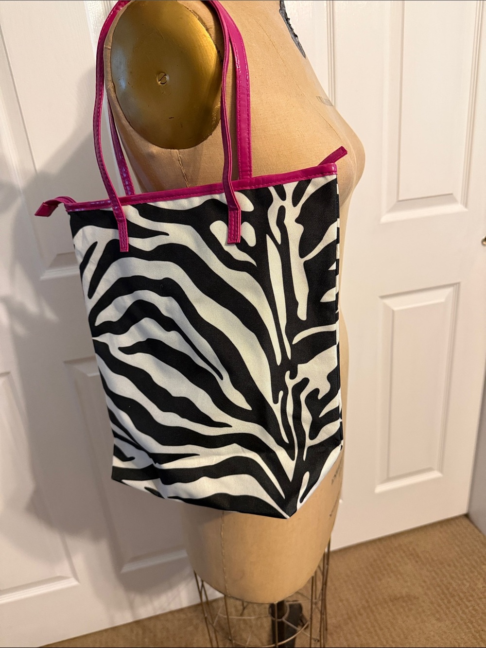 Elizabeth Arden Black and White Zebra Tote with Pink Handles
